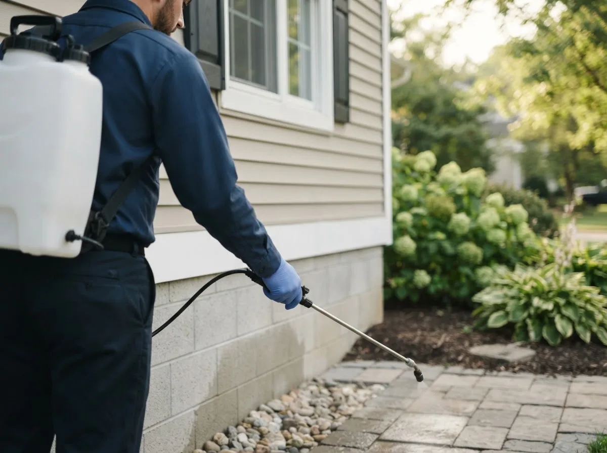 Pest control technician inspecting a home in Farmington, AR